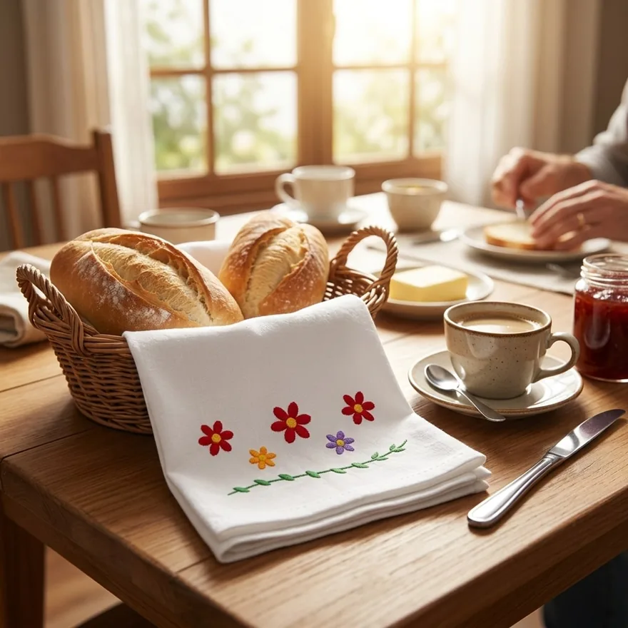 Na mesa do café — foto criada pelo Assertive para o anúncio do kit de panos de prato